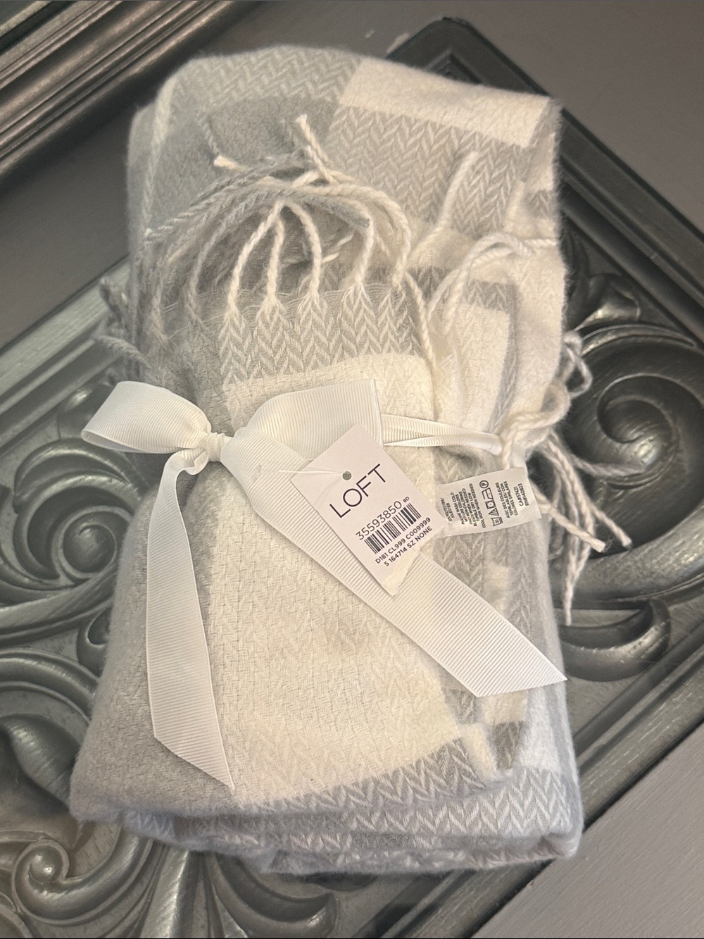 LOFT Gray and Cream Fringed Woven Throw Blanket